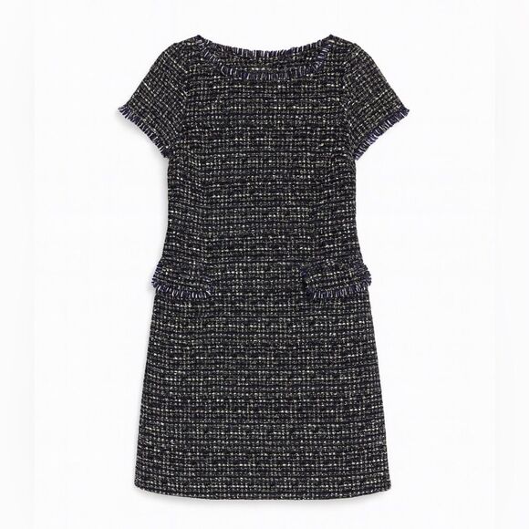 Banana Republic Dress 14 Tweed Mini Black Blue White Fringe Short Sleeve Pockets - Picture 3 of 10